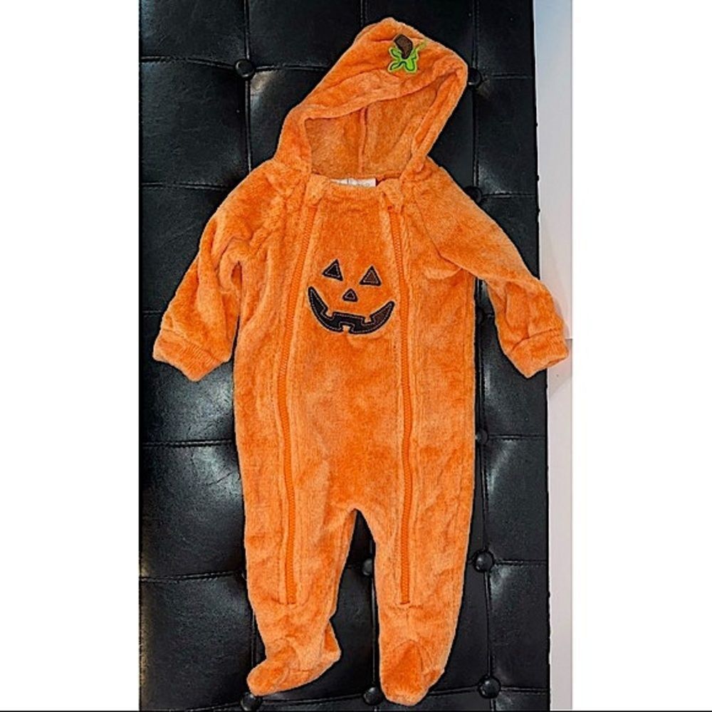 3-6mo Jack-o-lantern Pumpkin Halloween costume onesie with footies hood zipper